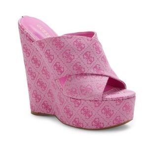 Guess Monogram printed Barbie pink high heel wedges slip-on Sandals sz 8.5